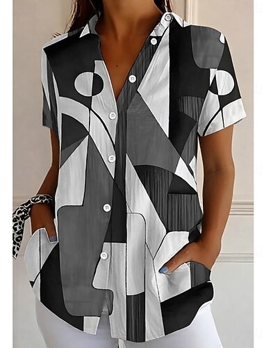  Dame Skjorte Grafisk Geometrisk Årgang Daglig Stilfuld Kortærmet Krave Almindelige toppe Daglig Sort og Hvid Sort Hvid Gul Lyserød Sommer Forår