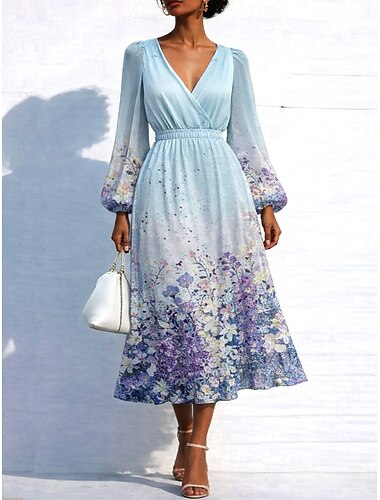  Per donna Abito Midi Abito Pieghettato Abito aderente Abito aderente e svasato Compleanno Casual Formale Ufficio Data Vestibilità regolare Floreale Grafico Manica Lunga Scollo a V Blu Verde chiaro