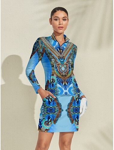  نسائي قميص بولو أزرق سماوي كم طويل قمم ملابس الجولف للسيدات، ملابس ملابس