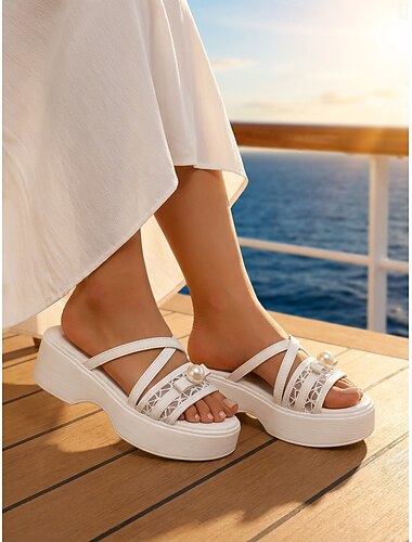  Sandales compensées blanches pour femme - mules élégantes à brides croisées ornées de perles &Détails en dentelle pour les croisières, les soirées à bord &stations balnéaires d'été
