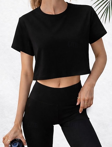  Dame T skjorte T-skjorter 100% قطن Helfarge Stilfull Varmt Grunnleggende Kortermet Crew-hals Rund hals Crop Tops Daglig Sport Ut på byen Svart Hvit Sommer Vår