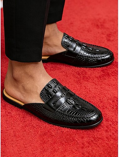  Zwarte muiltjes met krokodillenprint voor heren, instappers met kwastjes, klassieke formele schoenen zonder achterkant voor de bruidegom, bruidsjonkers, kerkelijke bruiloft, tuinceremonie, receptie en avondkleding
