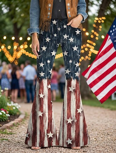  الذكرى السنوية الـ 250 للولايات المتحدة الأمريكية عتيق / معتق السبعينات بنطلون سروال الجرس ستايل هبي ديسكو عالي الخصر متعرج ملابس تنكرية نسائي حفلة تنكرية 4 يوليو مناسب للحفلات يوم الاستقلال للبالغين