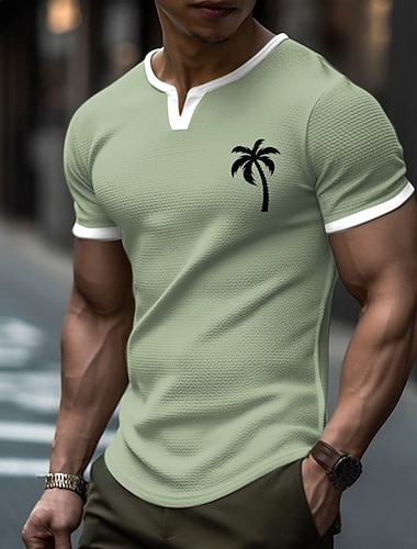  Herre salviegrønn vaffelstrikket palmetre-t-skjorte med grafikk, kontrastfarget hvit V-hals, henley-skjorte med tekstur, muskuløs passform, sommer, strand, avslappet, korte ermer, designerklær, s m l