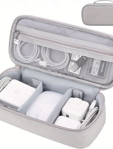  Reiseaufbewahrungstasche mit Kabelmanagement, hellgrauer Organizer mit Reißverschluss für Ladegeräte, Powerbanks, Festplatten, Datenkabel – tragbare Reisetasche