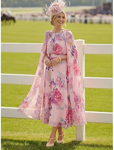  A-linje Te-lengde Gjestekjole til bryllup Formell kjole Derbykjole Kjole til brudens mor Ermeløs Crew-hals Elegant Pastell Formell Kentucky Derby Semi-formelt Chiffon med Blomstertrykk