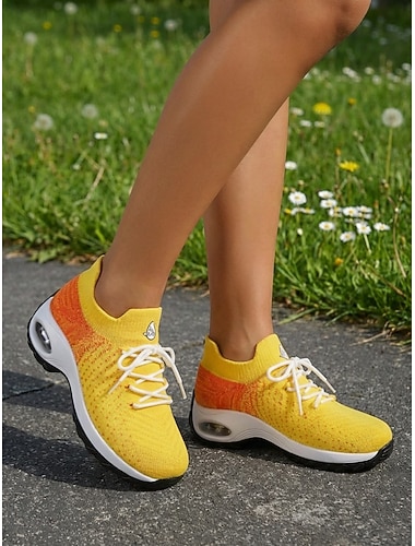  Gele gebreide hardloopsneakers voor dames - ademende, lichtgewicht sportschoenen met luchtkussenzool, comfortabele sportieve stijl, ideaal voor hardlopen, de sportschool, reizen, fitness en dagelijks