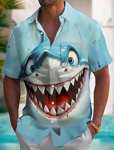  Herre Dyr Hai Morsom Hawaii skjorte Skjorte med knapper Aloha skjorte Kortermet Hawaiisk Feriereise Sommer Vår Aftæpning 3D-utskrift krage skjorter Front One Lomme Blå Hvit