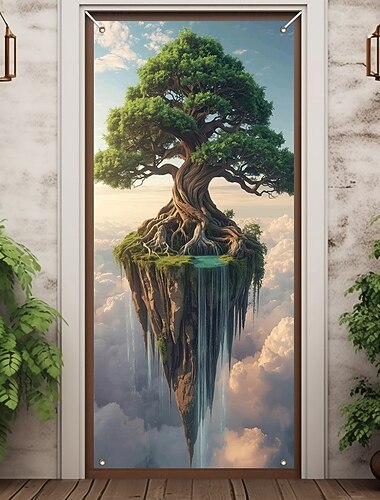  Albero della vita fantasy, isola galleggiante, cascata e nuvole, paesaggio surreale, striscione per porta, arazzo da parete, decorazione per porta d'ingresso, decorazione per ingresso di casa, esterno