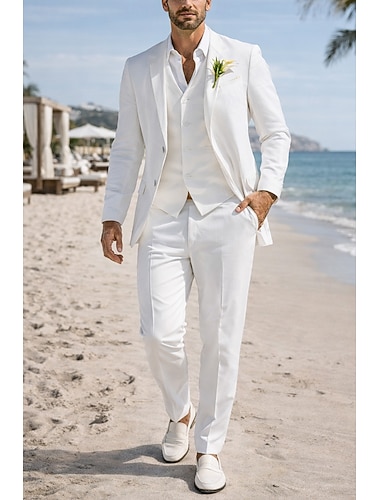  Pour des hommes Smoking Costumes Mariage à la plage Mariage de printemps Blanche Printemps & Été Costume / Tailleur Revers Cranté Occasionnel Formel Couleur Unie Coupe Standard 3 pièces Simple