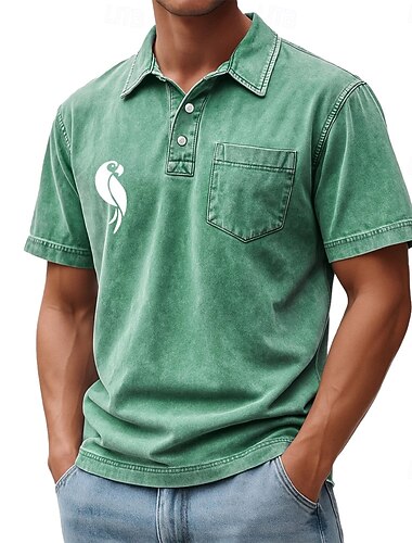  T-shirt Polo da Uomo SoftFade™ con Motivo Animali Effetto Lavaggio Acerbo 100% Cotone Magliette a Manica Corta Athleisure Tasca Bottoni Stampa 3D Primavera e Estate Blu Marrone Verde