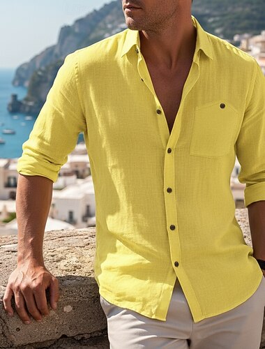  בגדי ריקוד גברים חולצה חולצת פשתן חולצת קיץ ביגוד חוף חולצה עם כפתורים אחיד קזו'אל חופשה שחור לבן צהוב כחול נייבי שרוול ארוך צווארון מתקפל קיץ אביב ביגוד כיס