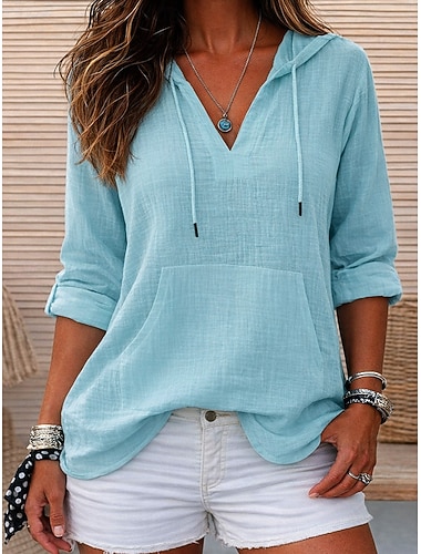  Damen Baumwoll-Leinen-Hemden Einfarbig Täglich Stilvoll Basic Langarm Mit Kapuze Normale Oberteile Täglich Blau Marineblau Beige Sommer Frühling Herbst