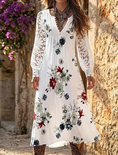  女性用 A ラインドレス プリントドレス ファッション 近代の カジュアル アウトドア バケーション 日常 レギュラー ピュアカラー 長袖 Ｖネック ホワイト ピンク ルビーレッド ブルー 夏 春