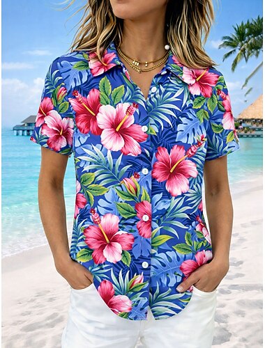  Camicia da donna a maniche corte con grafica floreale vintage tropicale colletto regolare top quotidiano blu giallo rosa estate primavera