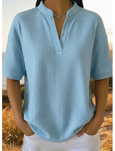  Dame Vaffelskjorte T skjorte T-skjorter Vaffelstrikkede topper عادي Stilfull Klassisk Moderne Kortermet V-hals Vanlige topper Daglig Ferie Ut på byen Hvit Oransje Grønn Lyseblå Svart Sommer Vår
