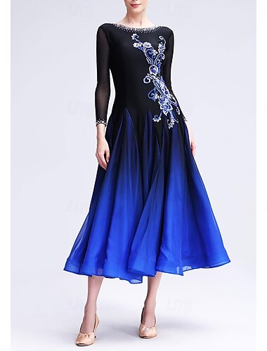  Ballroomdansen Kleding Strass Plooien Gesplitst Dames Feest Opleiding Prestatie Lange mouw Hoog Spandex Polyester