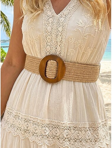  Dames bohemian geweven tailleband met vintage houten gesp, rieten mesh tailleband voor jurken, perfect voor een zomerse strandvakantie of dagelijks casual gebruik, verkrijgbaar in meerdere kleuren.