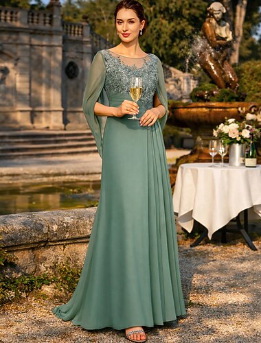  Linjeform Kjoler Gulvlengde Gjestekjole til bryllup Formell kjole Aftenkjole Kjole til brudens mor Halvlange ermer Besmykket Elegant Formell Chiffon med Blonder Sidedrapering Ensfarget