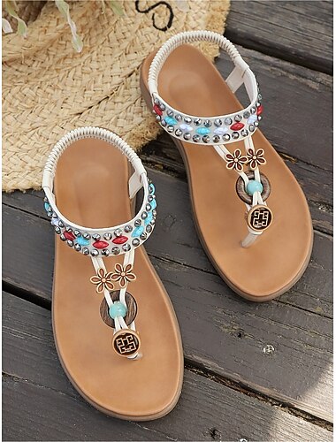  svarte bohemske sandaler til dame - etniske perlebesatte tursko med T-stropp og komfortabel elastisk bakreim for utendørsferier og sommerreiser &uformelt feriestedstøy