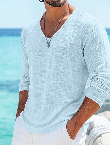  Per uomo Maglietta Maglietta in lino Manica Lunga Scollo a V Estate Primavera Primavera & Estate Tinta unica Semplice Quotidiano Casual Stile da Strada Puro Casuale All'aperto Streetwear Blu azzurro