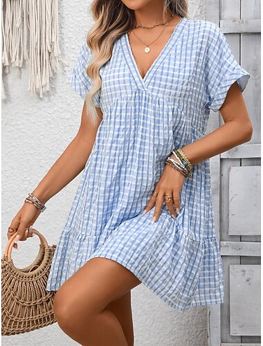  Per donna Mini Abito Vestito Casual Elegante Moda Moderno All'aperto Vacanza Uscire Vestibilità regolare Plaid Manica Corta Scollo a V Nero Rosa Viola Azzurro Estate Primavera