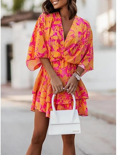  Női Rövid mini ruha Mini ruha Boho ruha Vintage ruha hétköznapi ruha Elegáns Divat Modern Szabadtéri Vakáció Alkalmi Normál Laza öltözet Grafika Rövid ujjú V-alakú Narancssárga Rózsapiros Nyár Tavasz