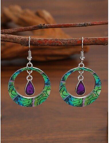  Damen-Ohrringe aus einer böhmischen Legierung mit lila Tropfenform und farbenfrohem, rundem Design, perfekt für den Alltag und den Strandurlaub.