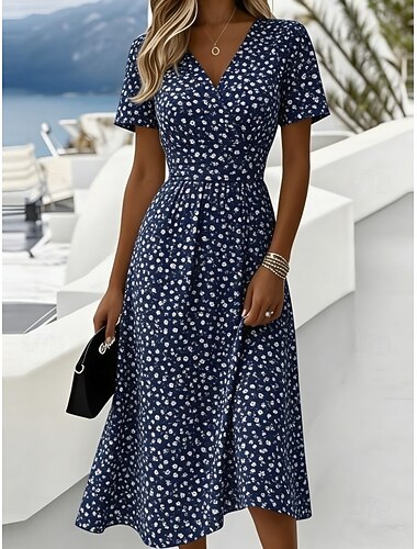  בגדי ריקוד נשים שמלת מידי שמלת שיפט חופשה יום יומי בוהו יומי שמלת קיץ שמלת אביב רגיל פרחוני גראפי שרוול 4\3 צווארון עגול קצר צווארון V צהוב ורוד מסמיק סגול כתום קיץ אביב