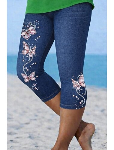  Dame Capri-bukser Leggings Ferie Mote Hawaiisk Kalv lengde Medium Midje Blomstret Grafisk Sommerfugl Printer Trykt mønster Komfort Myk Pustende Elastisk Avslappet Daglig Feriereise Blå Sommer Vår
