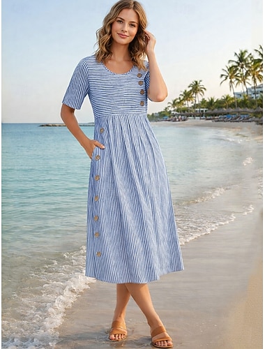  Per donna Abito Midi Abito a trapezio Abito Estivo Casual Quotidiano Vestibilità regolare A righe Manica Corta Girocollo Blu Estate Primavera