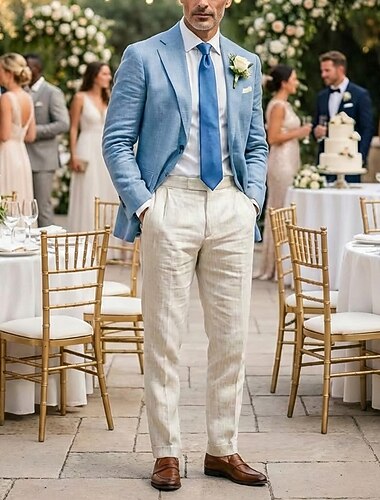  Herre Blazer i lin Halskrage Fest Kontor Ensfarget Blazer Blazer i lin Hvit Rosa Himmelblå Skreddersydd Single Breasted To-knapper