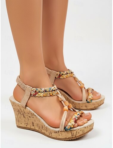  Damessandalen met sleehak in bohemianstijl - kleurrijke gevlochten bandjes met bloemenmotief en turquoise kralen. &Kurken plateauzool voor buitenresorts en tropische vakanties. &diners op het strand