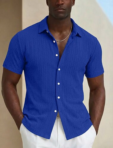  Herre Skjorte Sommerskjorte Uformell skjorte Skjorte med knapper Jacquard-skjorte Navyblå Kortermet عادي Linjer / bølger Knaphul Avslappet Gateklær Klær Polyester Mote Fritid Bekvem