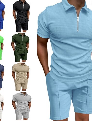  Homme Chemises Polo Gaufre Ensembles T-shirt Survêtement Ensemble short et T-shirt Manche Courte Col Rabattu Été Uni Gymnastique Occasionnel 2 pièces Quart de zip Occasionnel Vacances Tenue