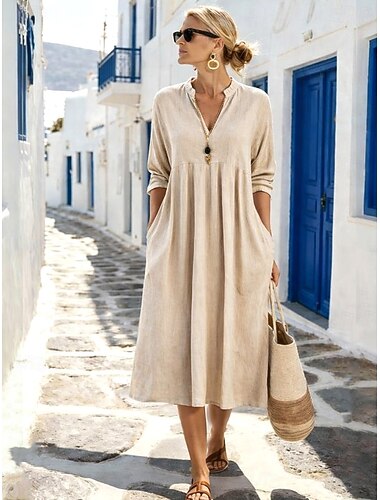  Damen-Midikleid aus Baumwoll-Leinen, A-Linie, lässig, locker geschnitten, unifarben, 3/4-Ärmel, V-Ausschnitt, Aprikose, Sommer/Frühling