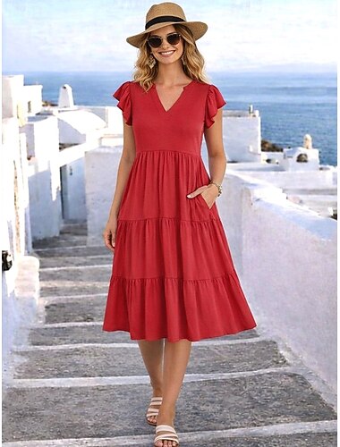  Damen Midikleid A Linie Kleid Sommerkleid Lässig Täglich Normale Passform Einfach Kurzarm V Ausschnitt Rote Sommer