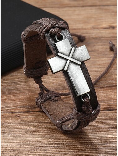  Herenarmband met kruisje in bohemian stijl, gemaakt van echt leer en legering, vintage, verweerde look, verstelbare lengte, zwart en bruin, perfect voor buitenactiviteiten, casual en dagelijks gebruik.