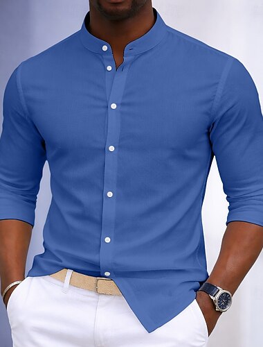  Męskie Koszula Koszule eleganckie Zapinana na guziki koszula %100 Pamuk Równina Codzienny Biznes Jasnoniebieski Czarny Biały Zieleń wojskowa Długi rękaw kołnierz dziadka Na każdy sezon Odzież
