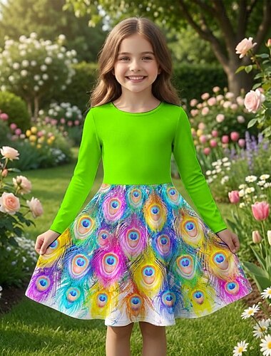 Mädchen' 3D Grafik Pfau Kleid Langarm 3D-Druck Frühling Herbst Täglich Urlaub Party Lässig Prinzessin Schön Kinder 4-12 Jahre Freizeitkleid A Linie Kleid Knielang Normale Passform