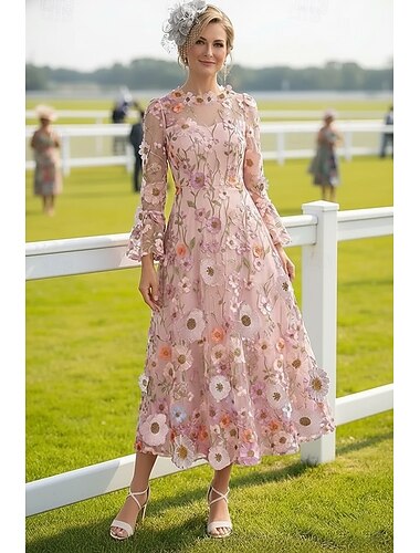 Linha A Até o Tornozelo Longuette Vestido Coquetel Vestido de convidada de casamento Vestidos de cocktail Elegante Vintage Manga Longa Gola Redonda Formal Kentucky Derby Renda Tule com Bordado