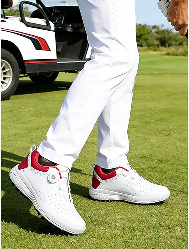  Herre golfsko, hvitt kunstskinn, lett, pustende, slitesterkt grep, ideell for golfbaner, utendørssport og fritidsklær