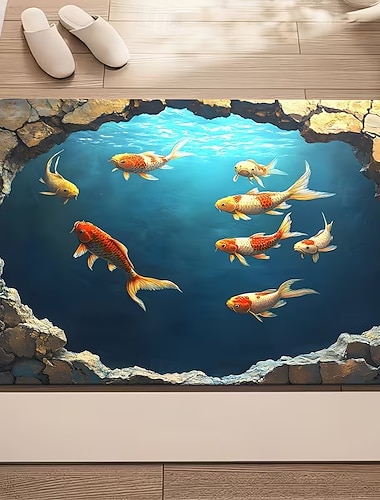  Fußmatte mit Koi-Teich-Motiv: 3D-Optik, 2D-Flachdruck mit realistischem, rissigem Bodendesign und schwimmenden Koi-Fischen – langlebig und ein echter Hingucker für Ihren Eingangsbereich.
