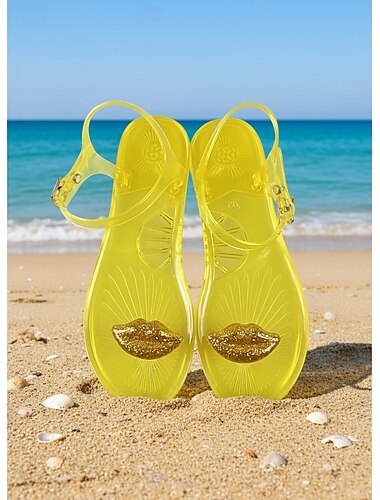  Sandálias femininas transparentes de plástico com tira no tornozelo – calçado leve e impermeável para férias na praia, com um design fofo de lábios, ideal para usar em resorts de verão, piscina e