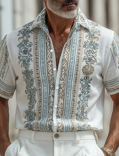  Herren Blumendruck Ethnisch Blumen Hemd Guayabera Hemd Knopfhemd Kurzarm Vintage-Retro Urlaub Alltagstauglich Sommer Frühling Umlegekragen 3D-Druck Leinenähnliches Hemd Blau Rosa Grün Khaki