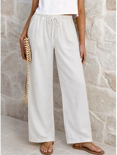  Damen Leinenhosen Hose Freizeithose Sommerhose Urlaub Mode Basic Volle Länge Mittlere Taillenlinie Einfach Kordelzug Elastischer Bund Gerader Schnitt Leicht Atmungsaktiv Unelastisch Täglich Straße