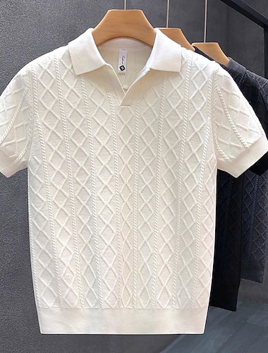  男性用 ポロ ケーブルニットポロ カジュアル ビジネス ラペル 半袖 ファッション 近代の 平織り 平織り 高通気性 夏 春 レギュラー ブラック ホワイト コーヒー グレー ポロ