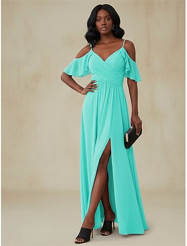  Damen Maxikleid Partykleid Cocktailkleid Chiffonkleid A Linie Kleid Elegant Mode Klassisch Outdoor Strand Party Normale Passform Einfach Kurzarm V Ausschnitt Blau Gelb Grün Sommer Frühling