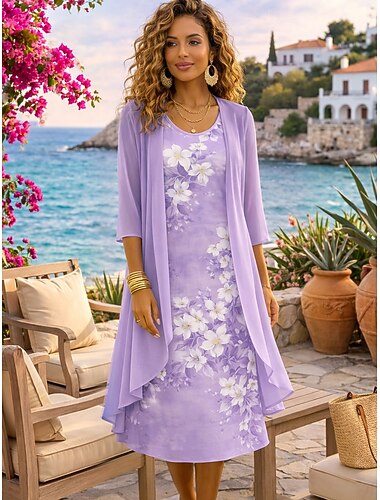  Dame Kjolesett Kjole med A-linje Elegant Ferie Blomstret Grafisk Multi Layer Trykt mønster Midikjole Halvlange ermer Crew-hals Daglig Feriereise Blå Lilla Sommer Vår Normal