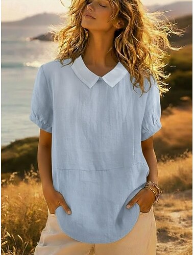  Mujer Camisa 100% Algodón Blusa Frunce Plano Diario Básico Casual Manga Corta Cuello Camisero Tops regulares Diario Noche Azul Piscina Blanco Azul Marino Verano